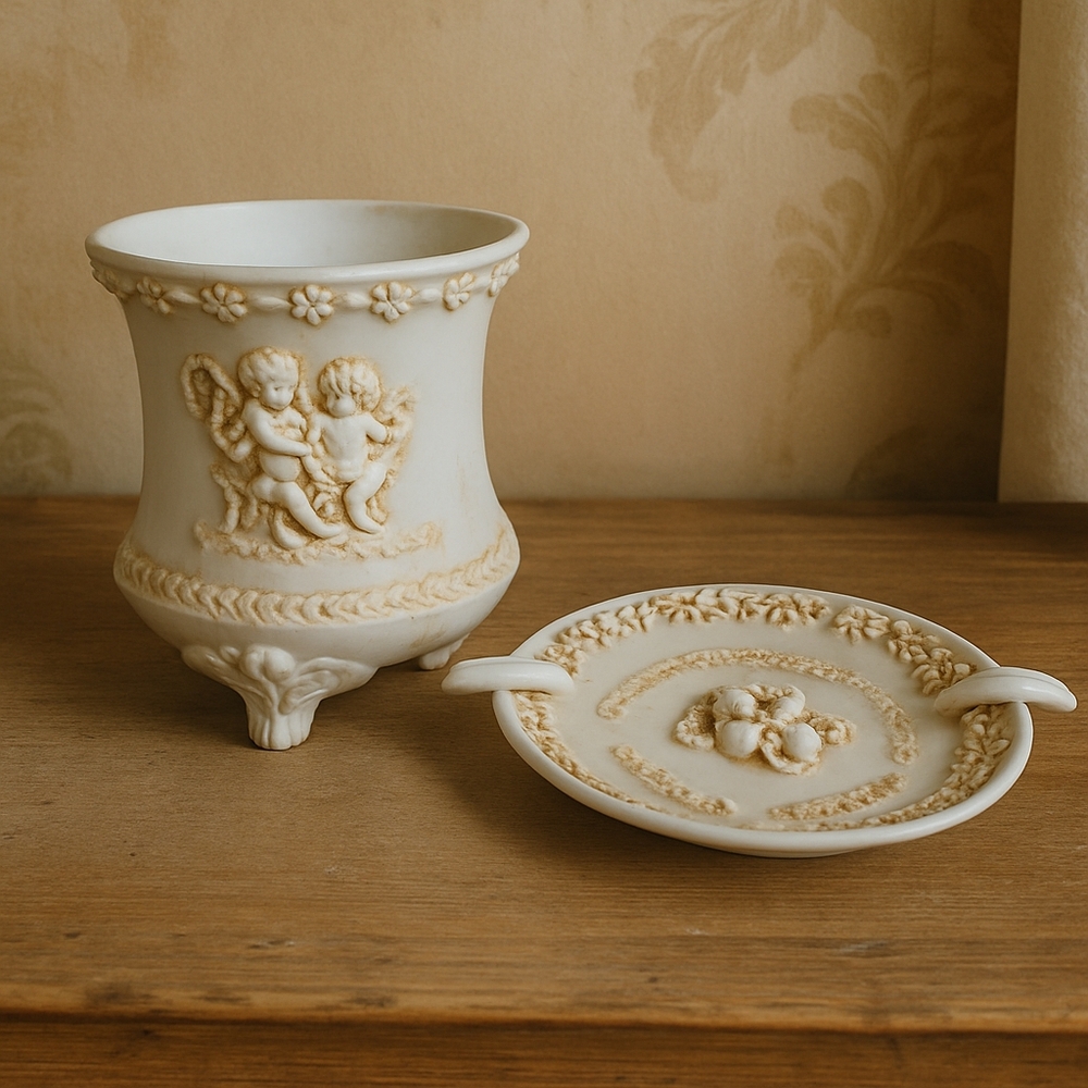 Vintage Ceramic Urn & Tray Set – Romantic Cherub Motif – Ivory Cottagecore Decor